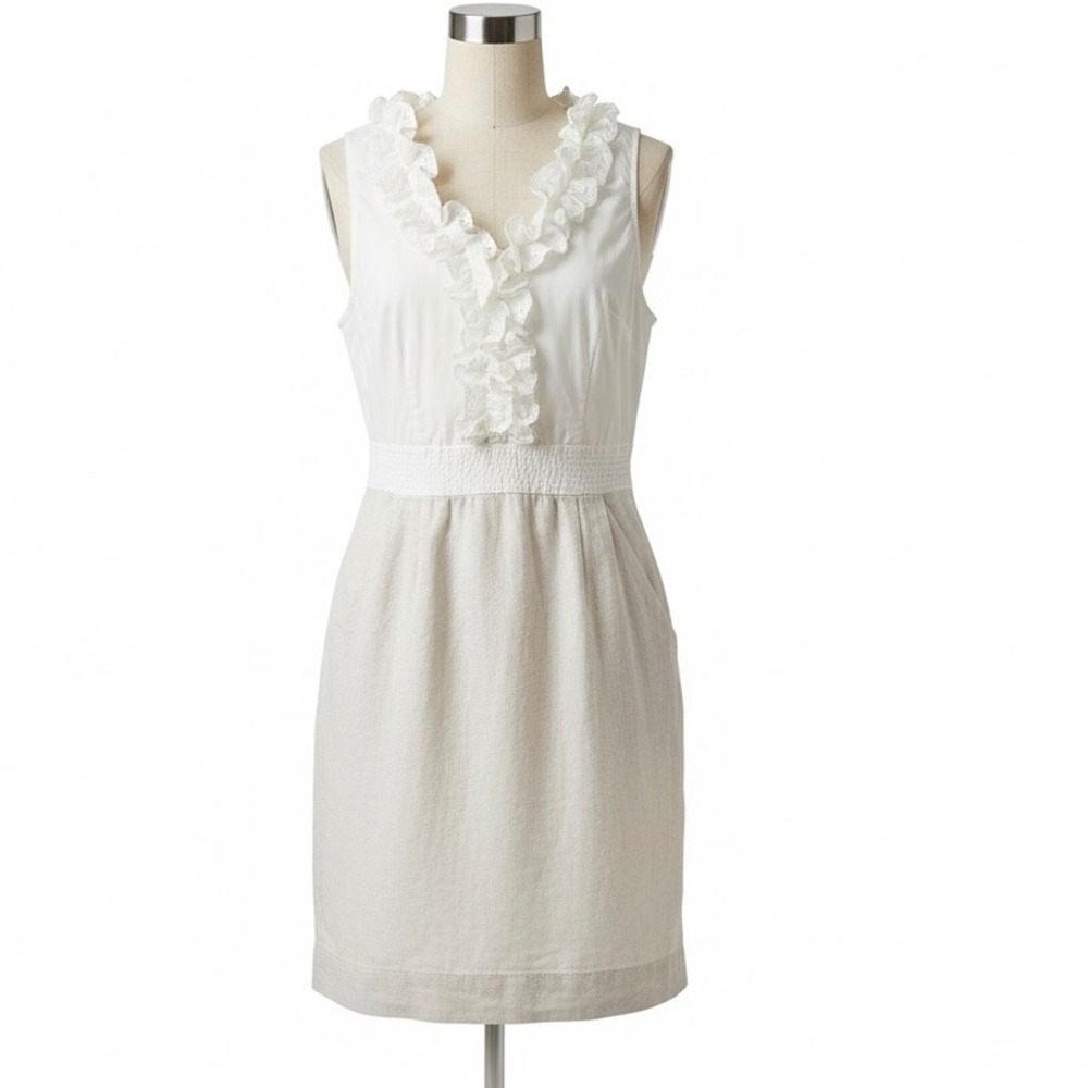 Ann Taylor Loft White Metallic Beige Sleeveless Shirt Dress - Size 6
